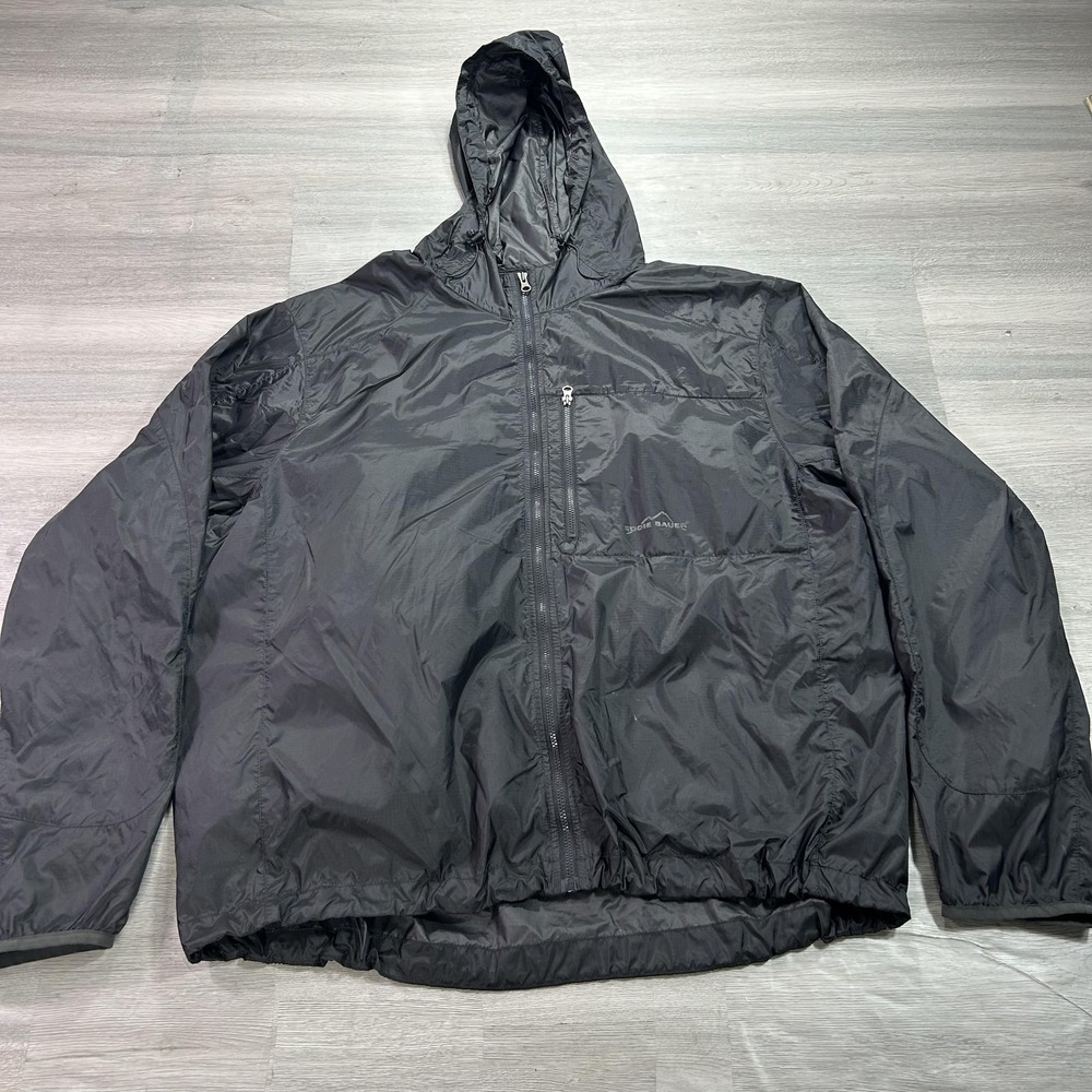 Eddie Bauer Jacket Mens Large Black Hooded Nylon Windbreaker Lightweight Outdoor